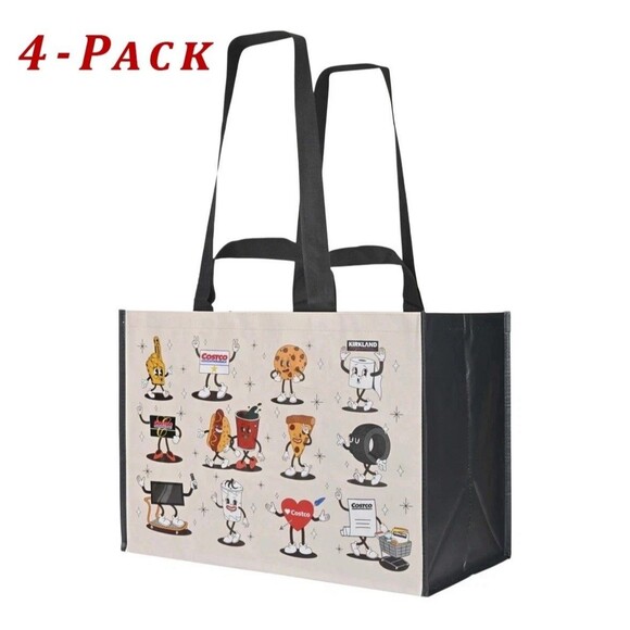 Costco Cartoon Highlights Reusable Shopping Tote Bag Kirkland Heavy Duty 4-Pack - Picture 5 of 7
